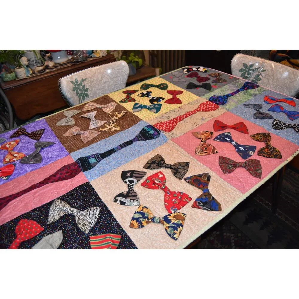 Handmade Bow Tie Quilt Lap Quilt Memorial Signed 2017 Applique 57x36